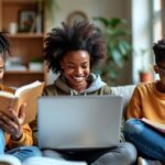 Estudantes estudando em casa com laptops e livros.