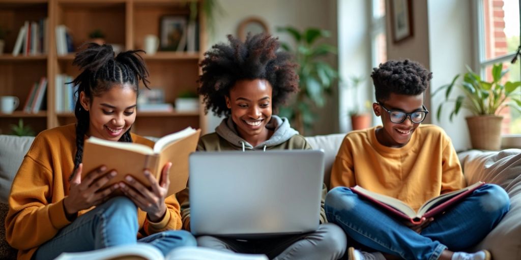 Estudantes estudando em casa com laptops e livros.