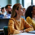 Pessoas assistindo a uma apresentação em sala de aula.